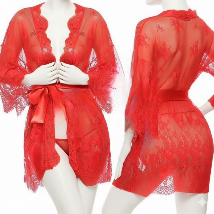 Single Pcs Women? Net Transparent Sheer Lace Robe Gown �Long Sleeve Free-Size Nightwear With Satin Belt For Elegant And Stylish Comfort | DC-1051 (Red)