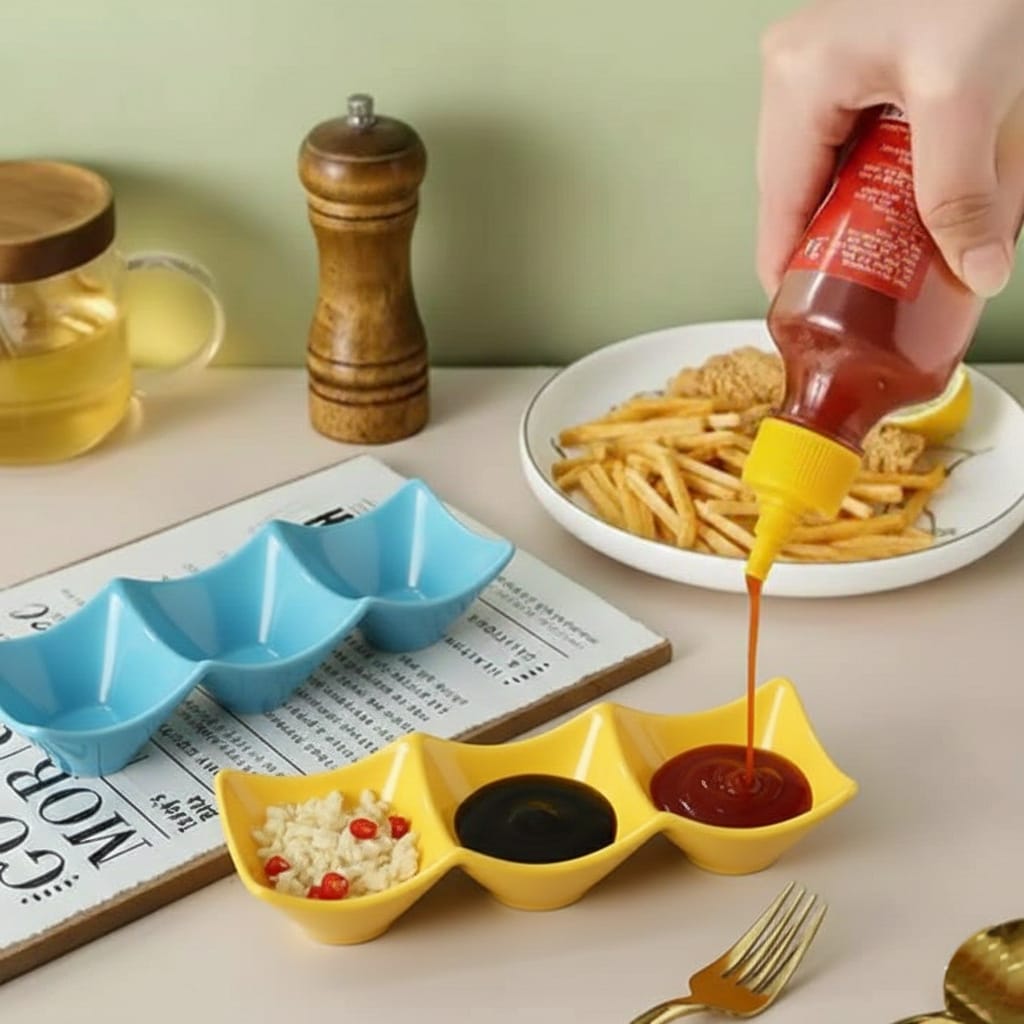 3 Grid Japanese Dip Sauce Tray Plastic Sauce Dish Multi Section Condiment Tray for Dips Snacks and Sushi (Random Color)