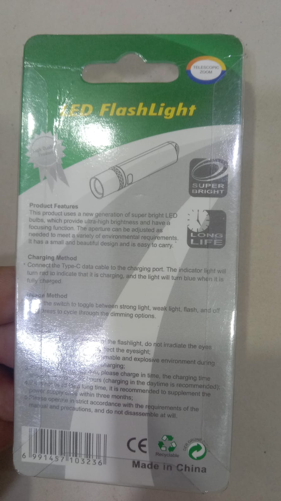 Mini USB-C Rechargeable LED Flashlight �Super Bright Pocket Torch with Telescopic Zoom