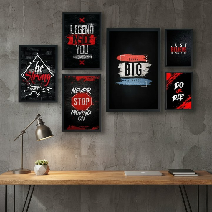 Motivational Wooden Wall Art Frame Set �6 Pcs Inspirational Quotes | Be Strong, Think Big, Never Stop, Do or Die | Premium Quality Wooden Frames for Home & Office