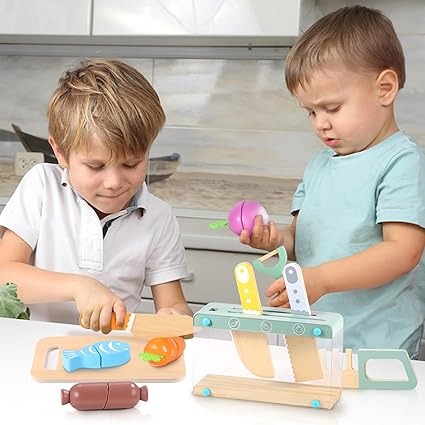 Wooden Kids Play Kitchen Set with Toy Utensils & Velcro Food �Montessori Pretend Cooking Playset