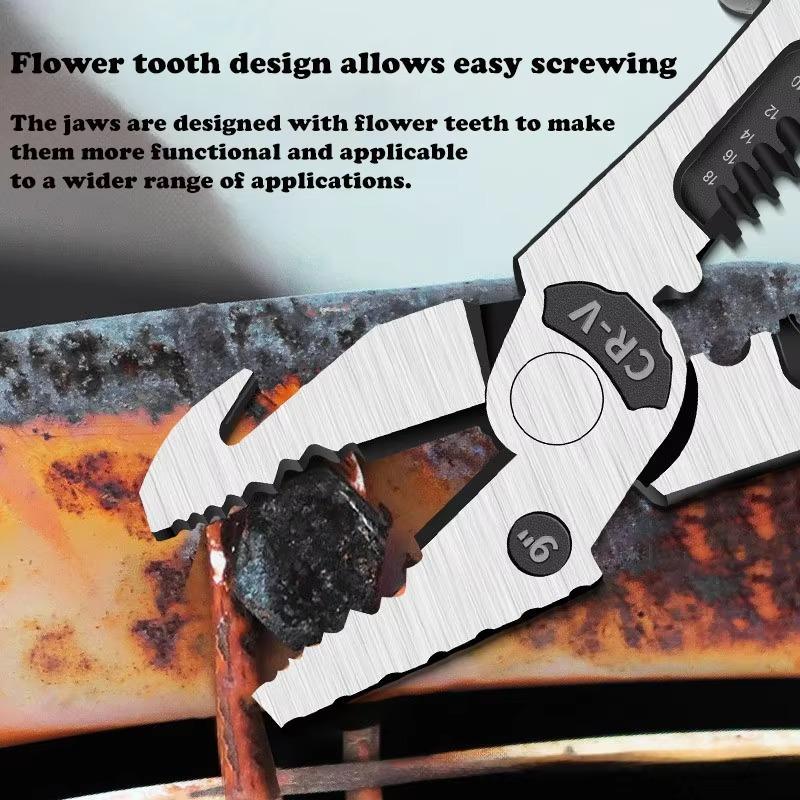 Heavy Duty 9 In 1 Multi Function Pliers Nail Pry Wire Stripper Cutter CR V Steel Professional Tool