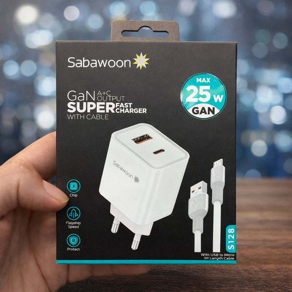 Sabawoon 25W GaN A+C Super Fast Charger Perfect for smartphones earbuds & tablet with Cable
