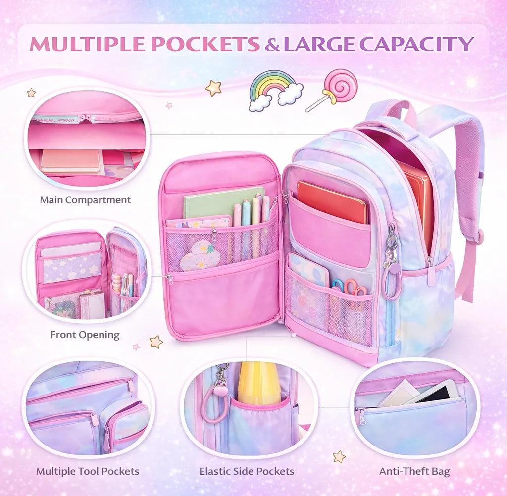 Princess Dream Rainbow School Backpack �Large Capacity Ergonomic Pastel Book Bag for Girls (44?31?13 cm)