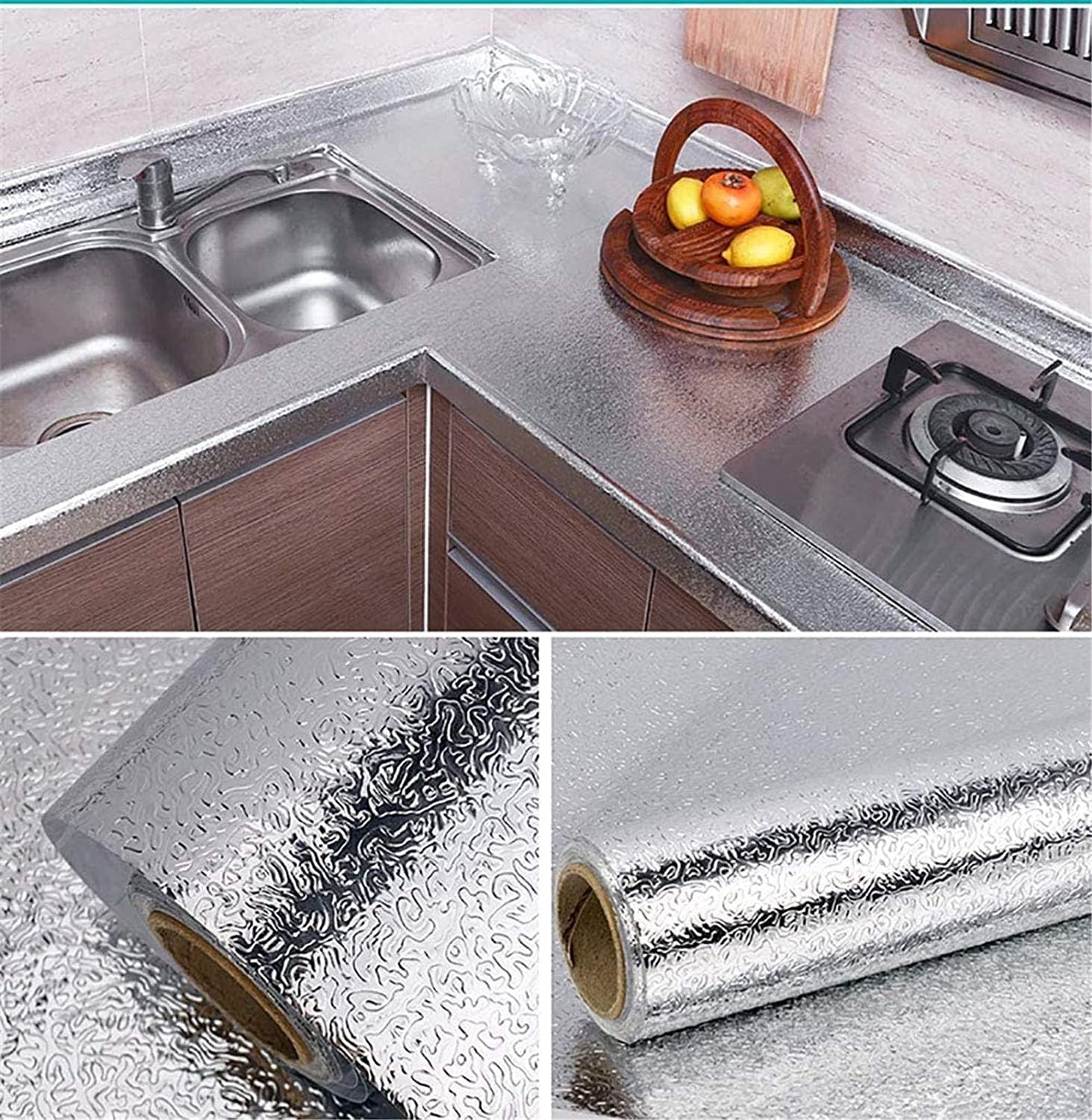Silver Foil Kitchen Waterproof & Oil Proof Self-Adhesive Sticker Roll �Aluminum Heat Resistant Wallpaper for Stove, Cabinets & Walls (60?200cm)