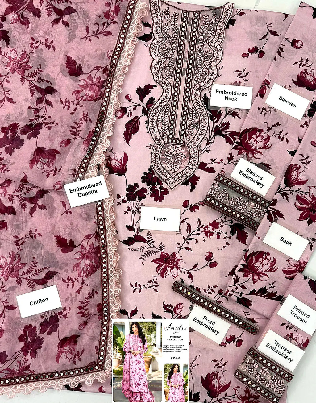 Aneela? All-Over Print 9mm Sequins Embroidered Lawn 3Pc Unstitched Dress with 4-Side Embroidered Chiffon Dupatta