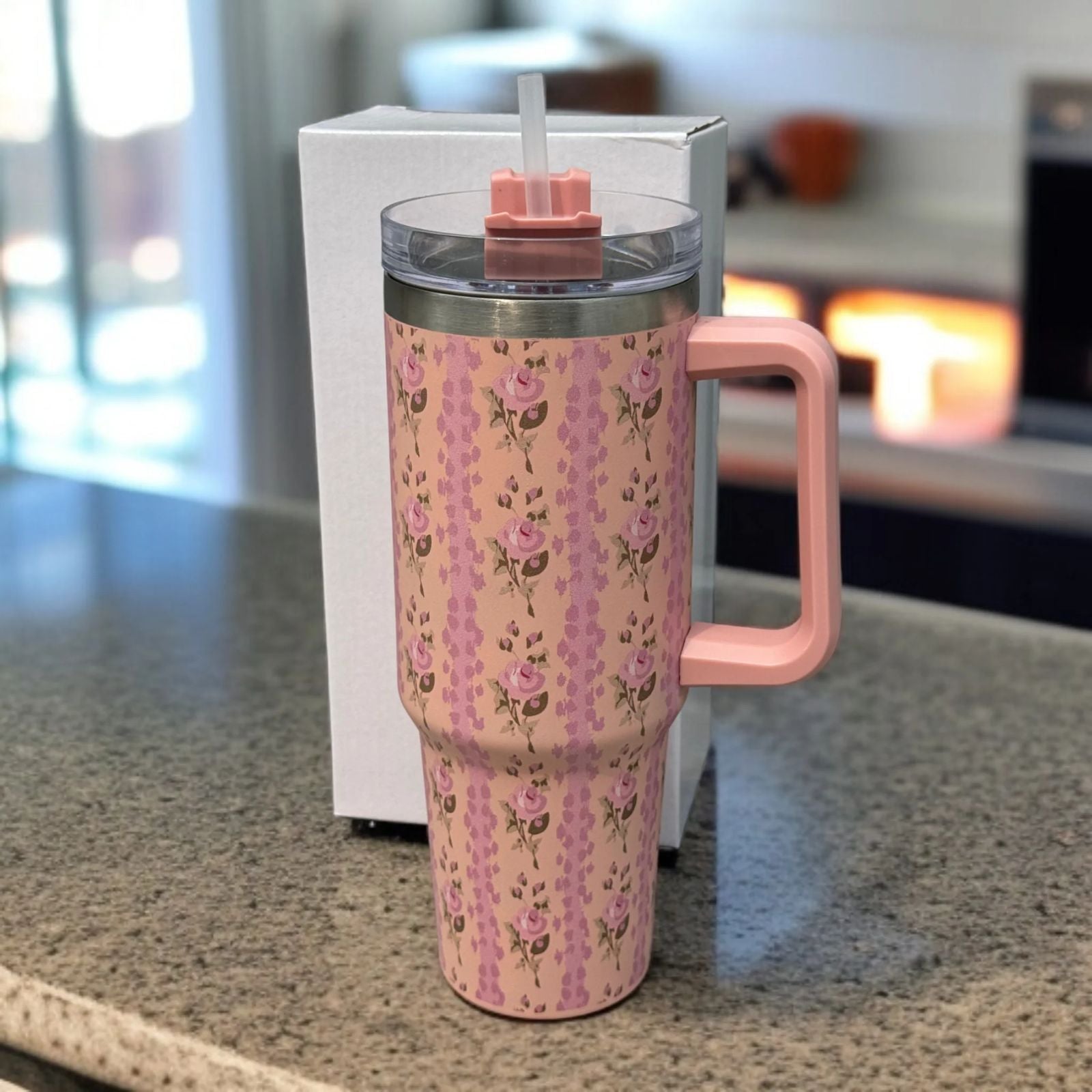 Floral Insulated Travel Tumbler 40oz �Double-Wall Vacuum Flask with Ergonomic Handle & Leak-Resistant Lid (Random Colour)