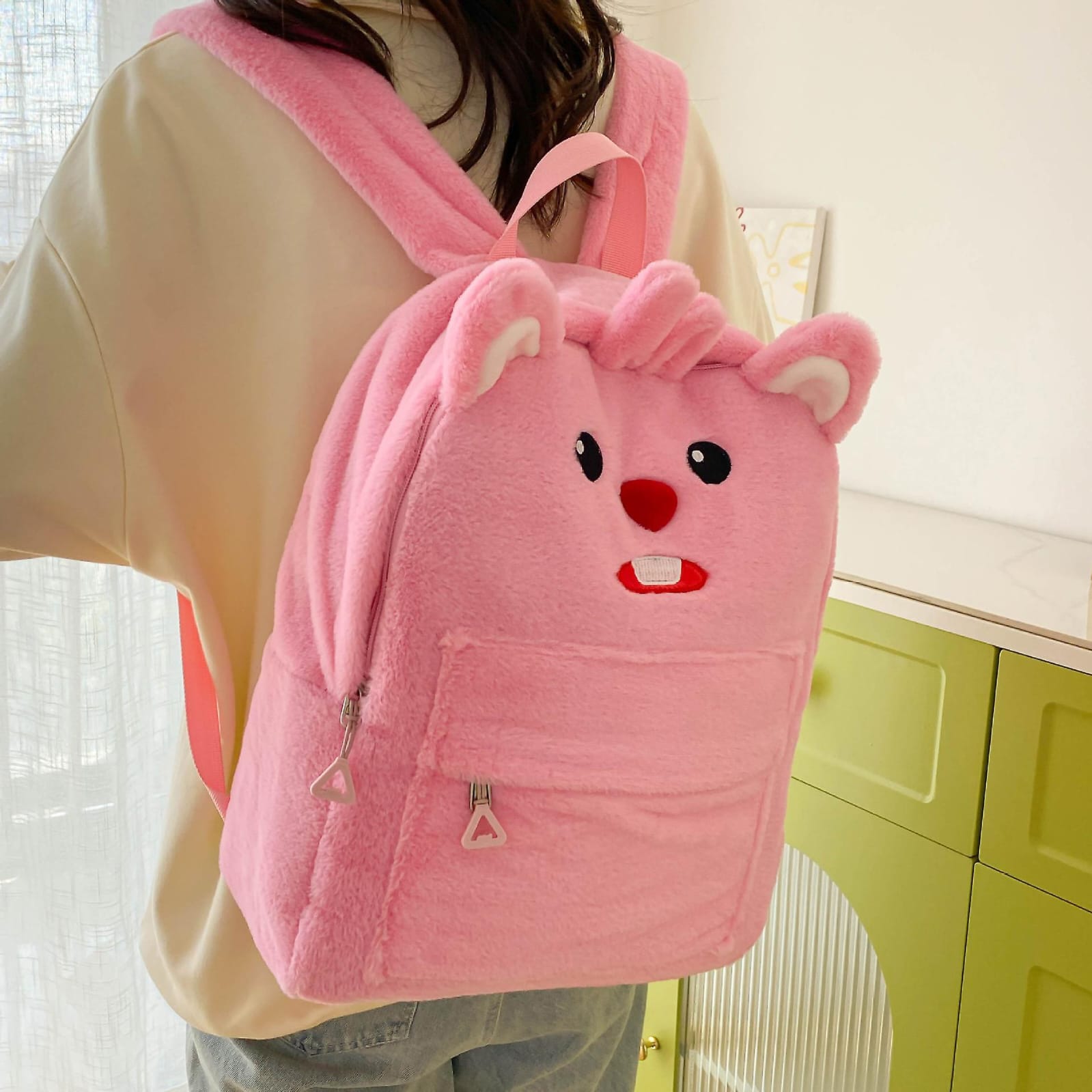 Cute Bunny Plush Backpack �Fluffy School Bag with Front Pocket