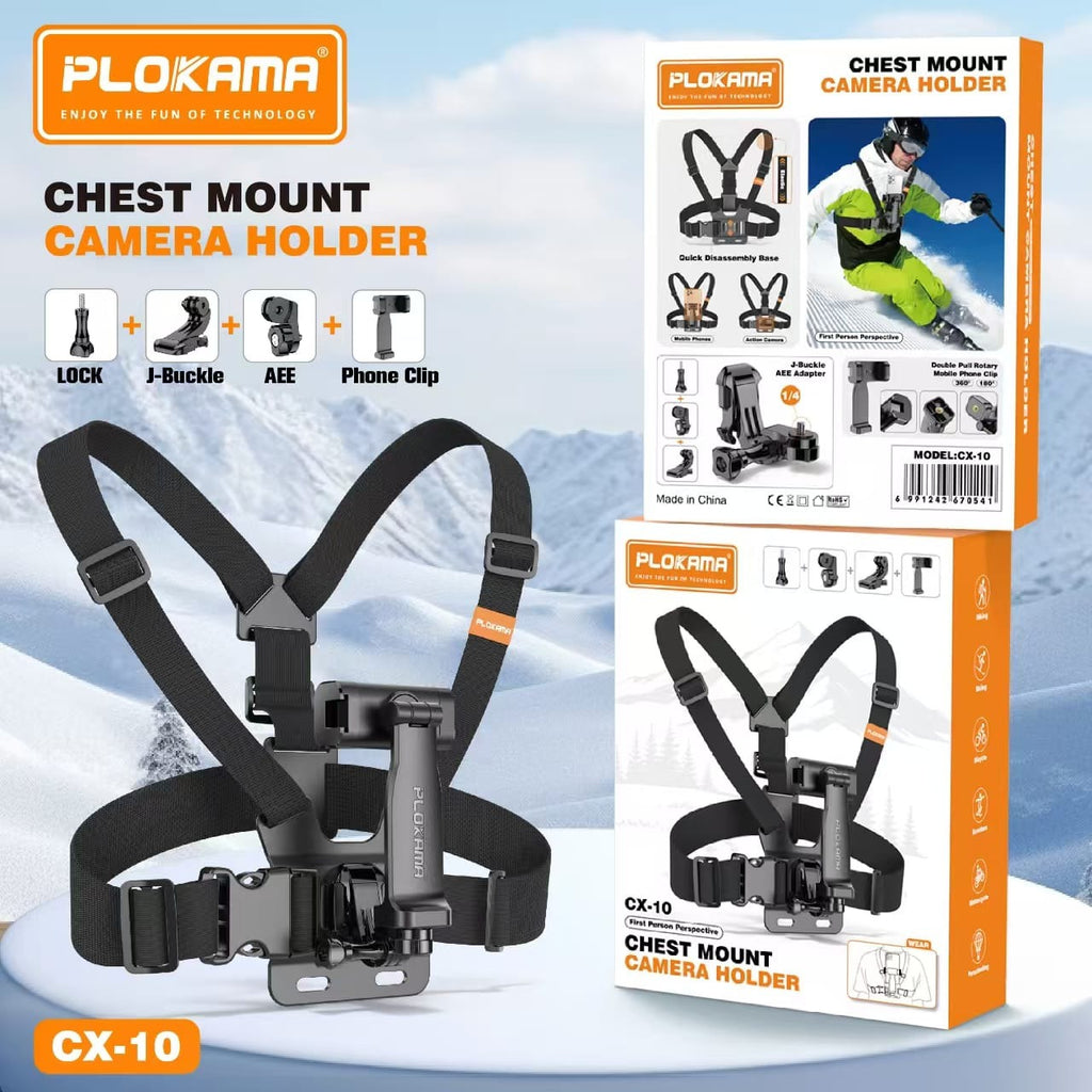 PLOKAMA CX10 Action Camera And Phone Chest Mount Holder 360 Adjustable Harness Strap For Sports Hiking Vlogging