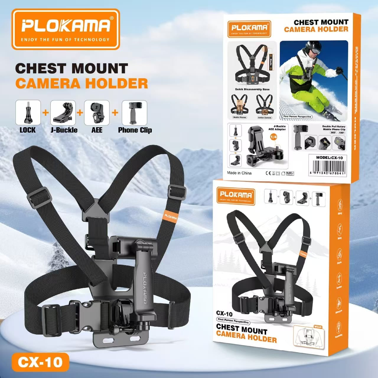 PLOKAMA CX10 Action Camera And Phone Chest Mount Holder 360 Adjustable Harness Strap For Sports Hiking Vlogging
