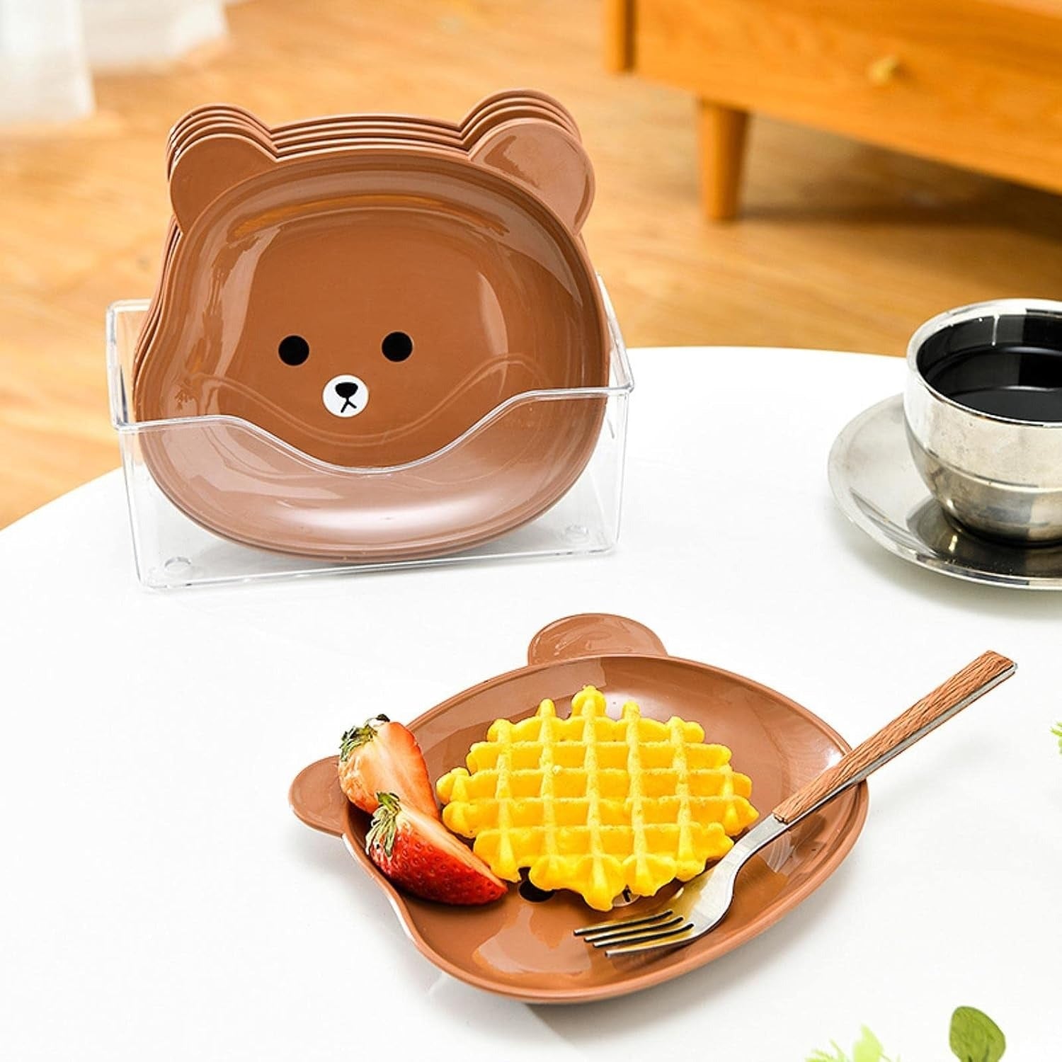 8Pcs Bear Shape Plate Set | Creative Food-Grade Plastic Plates With Stand | Random Colour