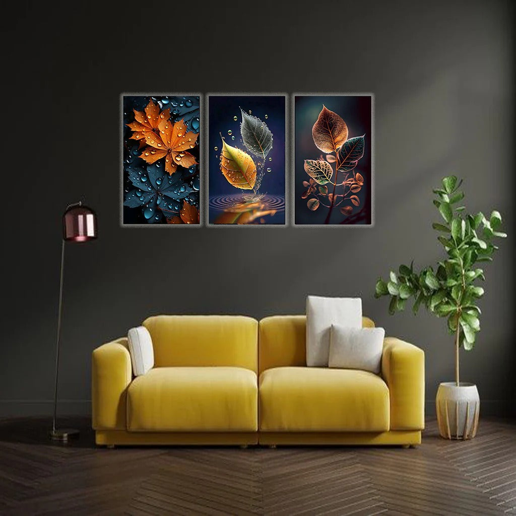 3-Piece Autumn Leaf Wall Art Frames �Decorative 8x11 Inch Modern Home Decor Set with Double Tape for Easy Wall Mounting