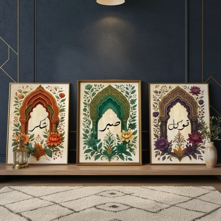 Tawakkul | Sabar | Shukar Wooden Sticky Wall Art �3 Piece Islamic Motivational Frame Set, 8x11 inch Each with Easy Sticky Tape Installation