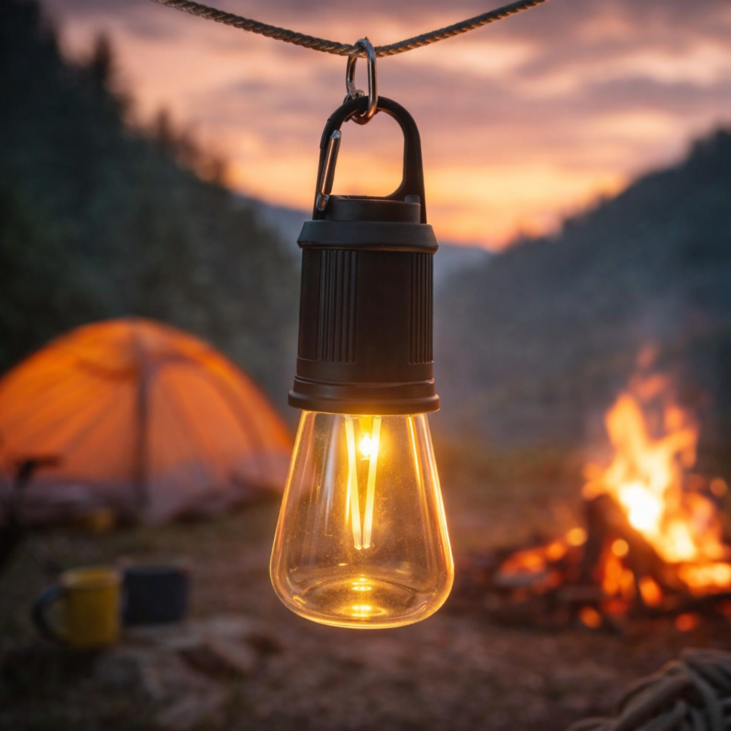 T02 Portable Hanging Camping Lamp �Type-C Rechargeable Warm Light LED Bulb with 3 Modes