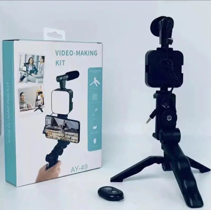 AY-49 Vlogging Kit | Portable Video Recording Setup with LED Light, Shotgun Mic & Flexible Tripod without Remote