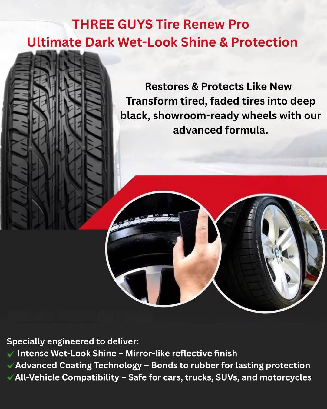 Three Guys Tire Shine Plus 250ml �Streak-Free Shine Cleans And Protects Long-Lasting Wet Look Premium Tire Care Spray