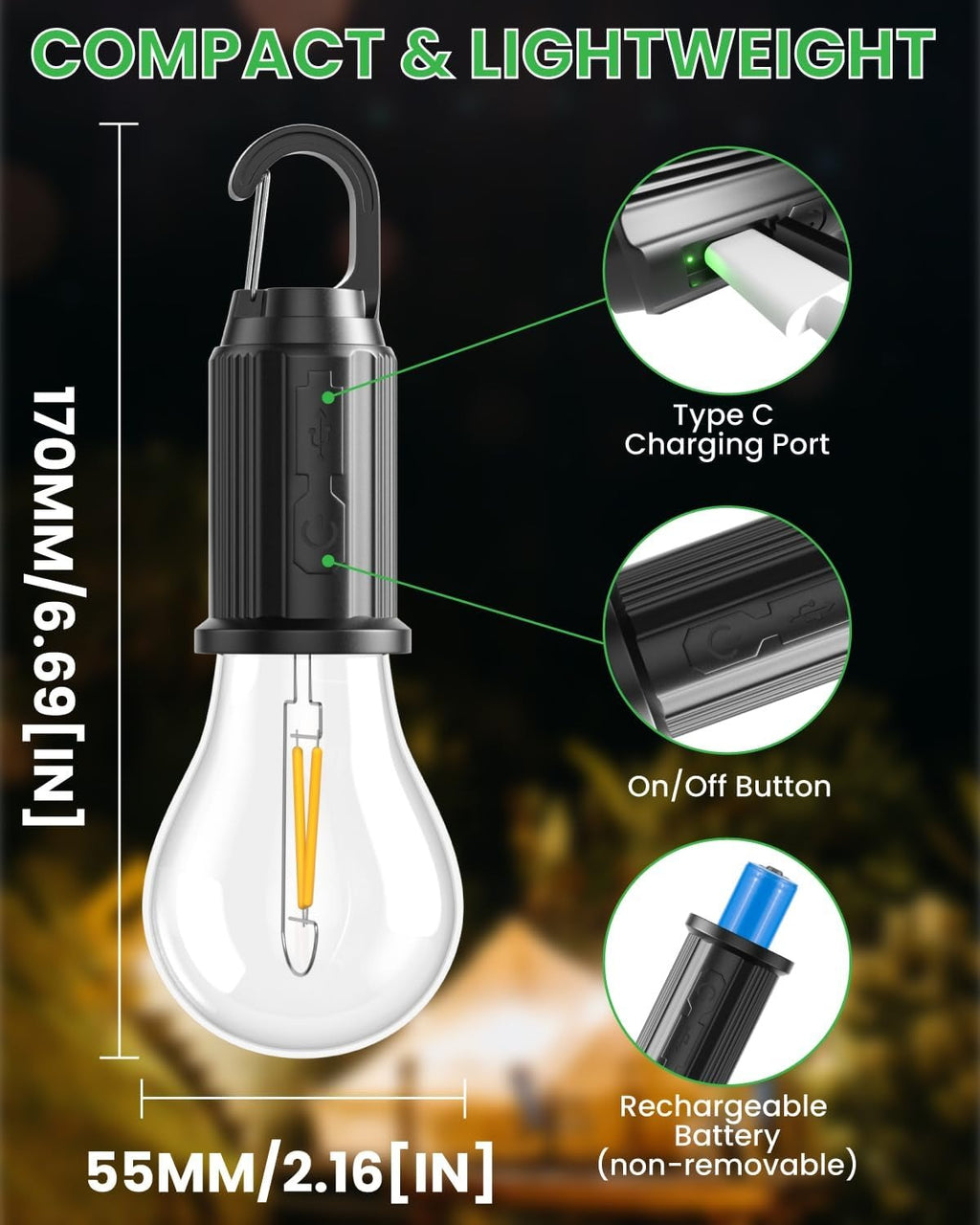 T01 Type-C Rechargeable LED Camping Bulb �Portable Hanging Warm Light Tent Lamp