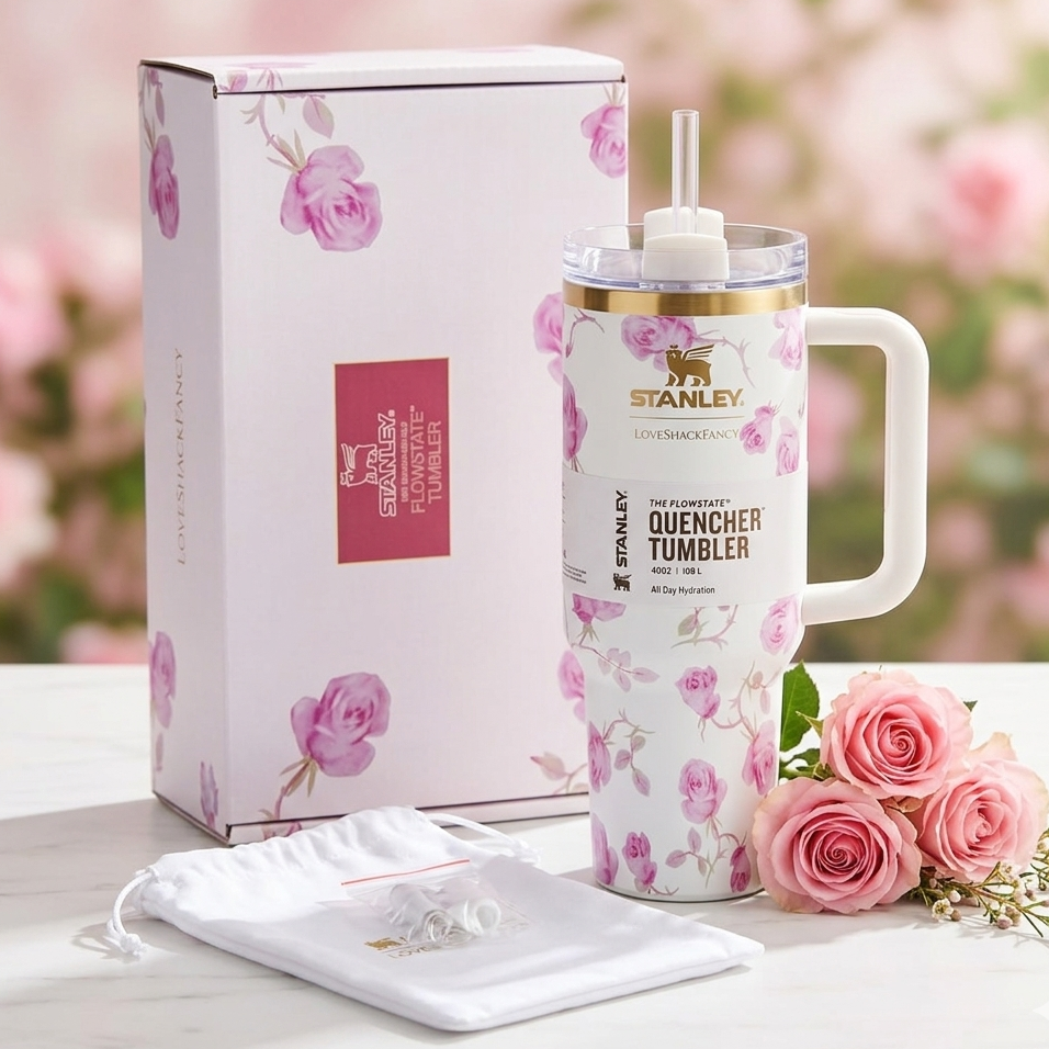 Stanley x LoveShackFancy Limited Edition 40oz Quencher H2.0 FlowState Tumbler �Floral Collaboration Collection ( White Floral )