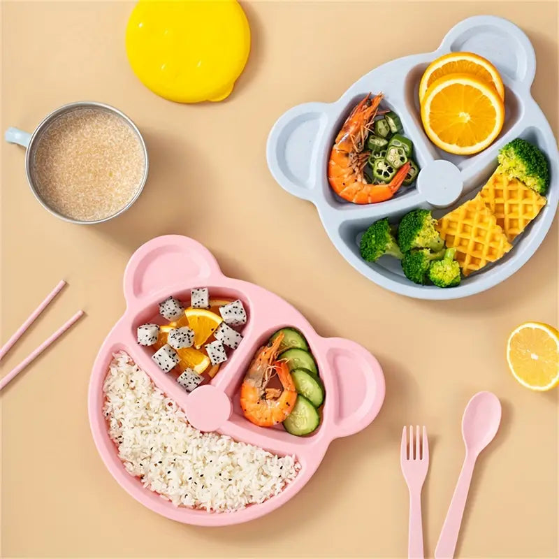 5 Pcs Bear Plate Set - Cartoon compartment dinner plate | Includes Divided Plate, Fork &amp; Spoon, Perfect For Toddlers &amp; Preschoolers (Random color)