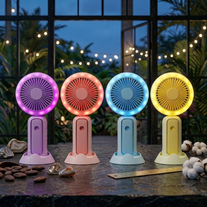 Mini Portable Hand Fan With Led Light Rechargeable Compact Design For Indoor Outdoor Cooling And Lighting