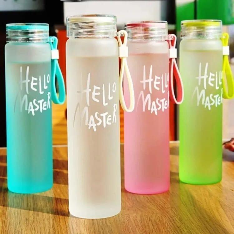 Hello Master 480ml Frosted Glass Water Bottle - Transparent Leak-Proof Portable Drinkware with Carrying Strap (Random Color)