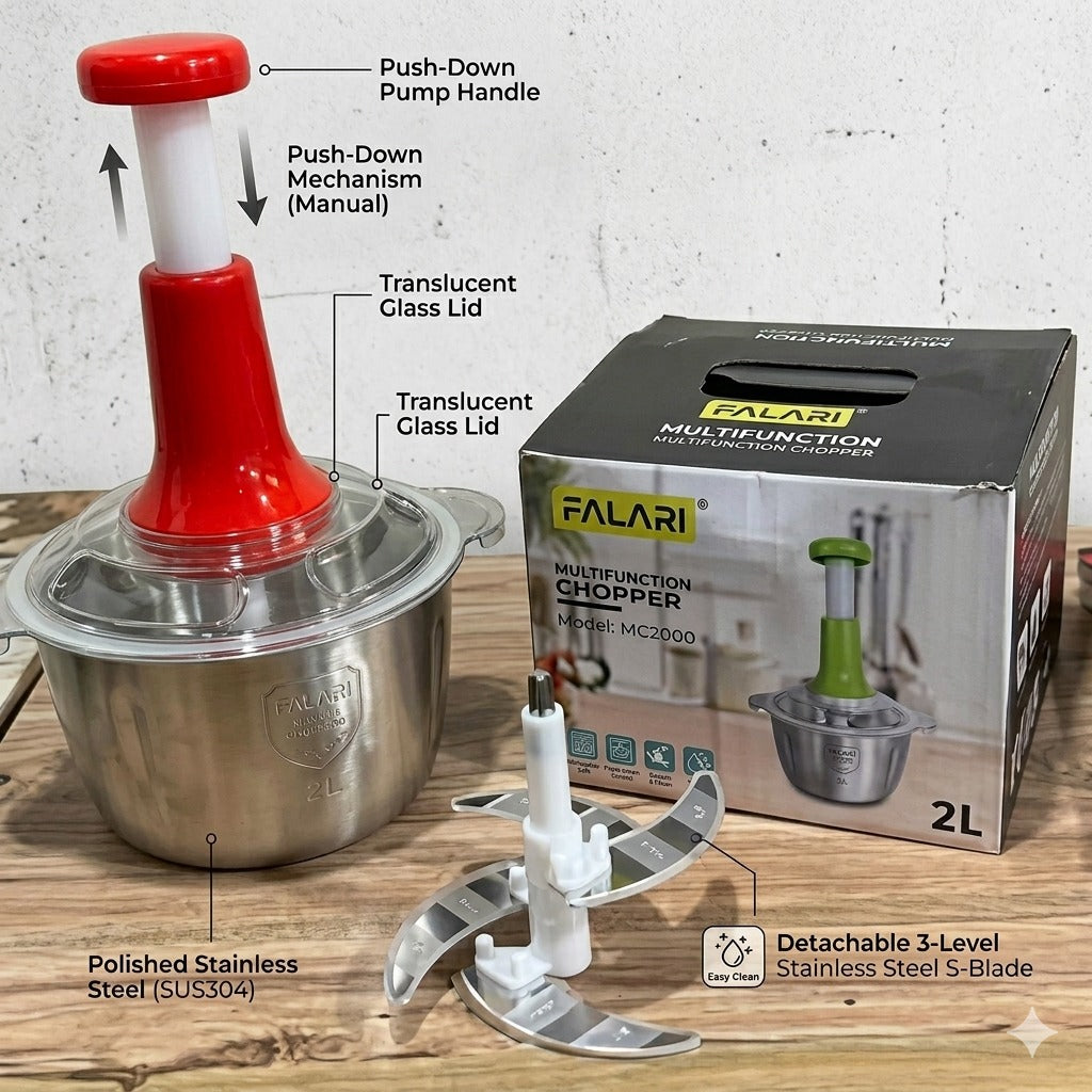 Large 2L Bowl Effortless Vegetable Chopper & Meat Mincer �Manual Hand-Press Food Processor for Fruits, Herbs, Garlic, and Onions (Random Color)