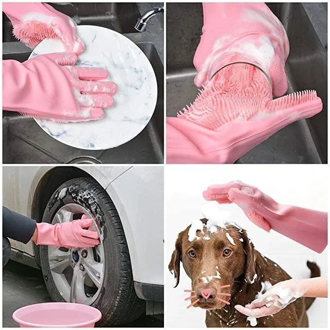 Silicone Dishwashing & Cleaning Pair Gloves �Reusable Heat Resistant Scrubber Gloves for Kitchen, Bathroom & Household Cleaning | Random Color