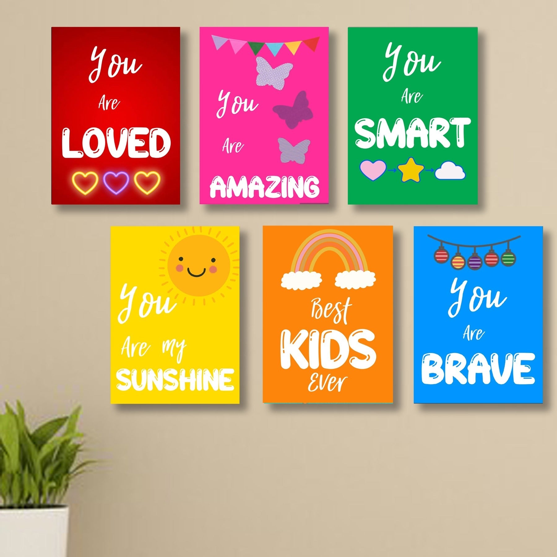 Set of 6 Kids' Motivational Wall Art Frames �8x11" MDF with Sticky Backing