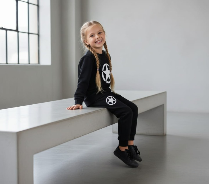 Kids Star Printed Black & Black Tracksuit Set | Winter Fleece Sweatshirt & Trouser Outfit for Boys & Girls �Warm & Trendy small