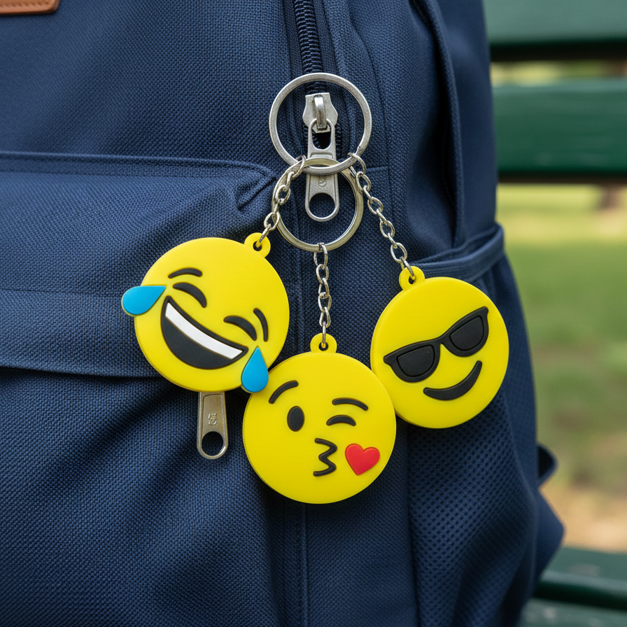 Pack of 3 Assorted Round Emoji Reaction Keychains �Plastic Smiley Face Charms (Random Designs)