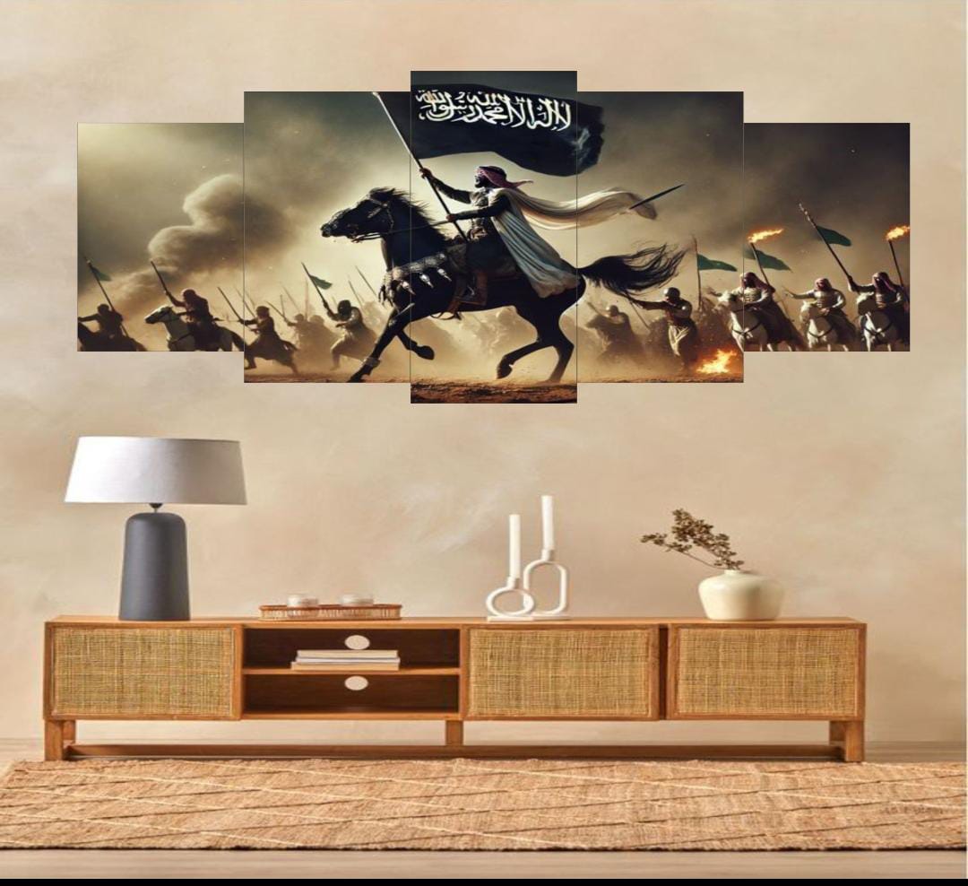 Islamic Warrior Canvas Wall Art �Set of 5 Panels (16x40 inches) | Wooden Sticky Tile Frames with Double Tape