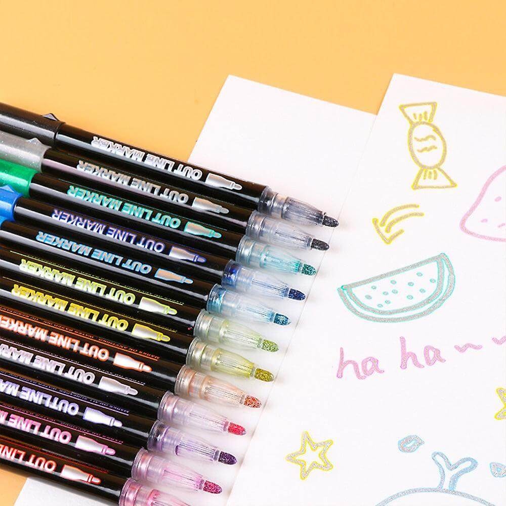 Double Line Outline Glitter Marker Pens Creative Dual Effect Writing And Drawing Tools For Art Craft And Decoration