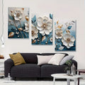 Elegant 3-Piece Floral Wall Frame Set �White Blossoms & Golden Stems on Teal Background 8 X 11
