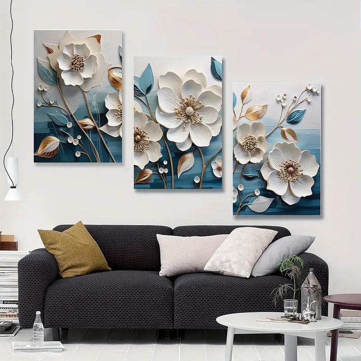 Elegant 3-Piece Floral Wall Frame Set �White Blossoms & Golden Stems on Teal Background 8 X 11