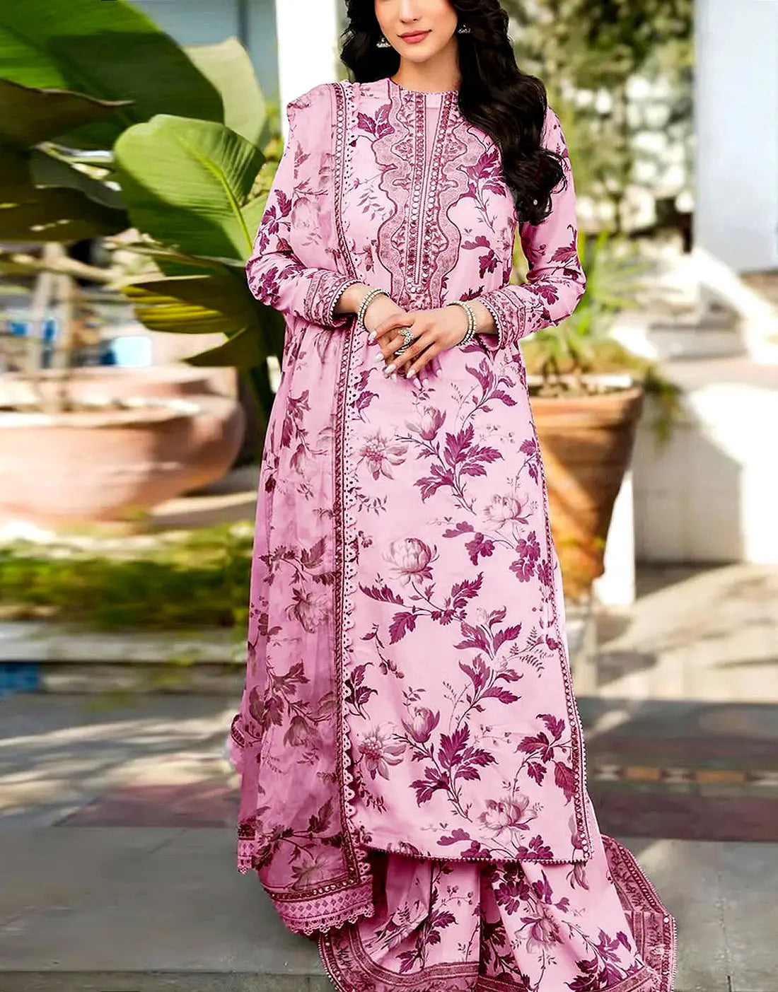 Aneela? All-Over Print 9mm Sequins Embroidered Lawn 3Pc Unstitched Dress with 4-Side Embroidered Chiffon Dupatta