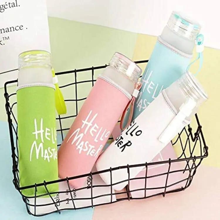 Hello Master 480ml Frosted Glass Water Bottle - Transparent Leak-Proof Portable Drinkware with Carrying Strap (Random Color)