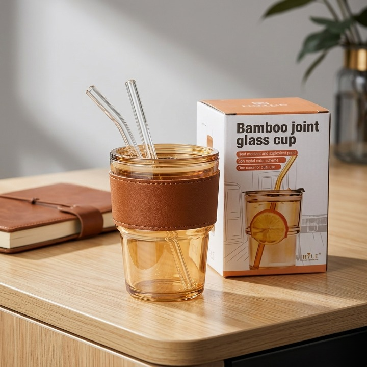 Premium Amber Glass Coffee Tumbler �Travel Mug with Leather Heat Sleeve, Glass Straw (400ml)