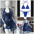 4 Piece Women? Transparent Net Gown Set �Soft Lace Robe with Silk Inner, Bra & Panty | Free Size - Up to 38 Chest | DC-4052 (Blue)