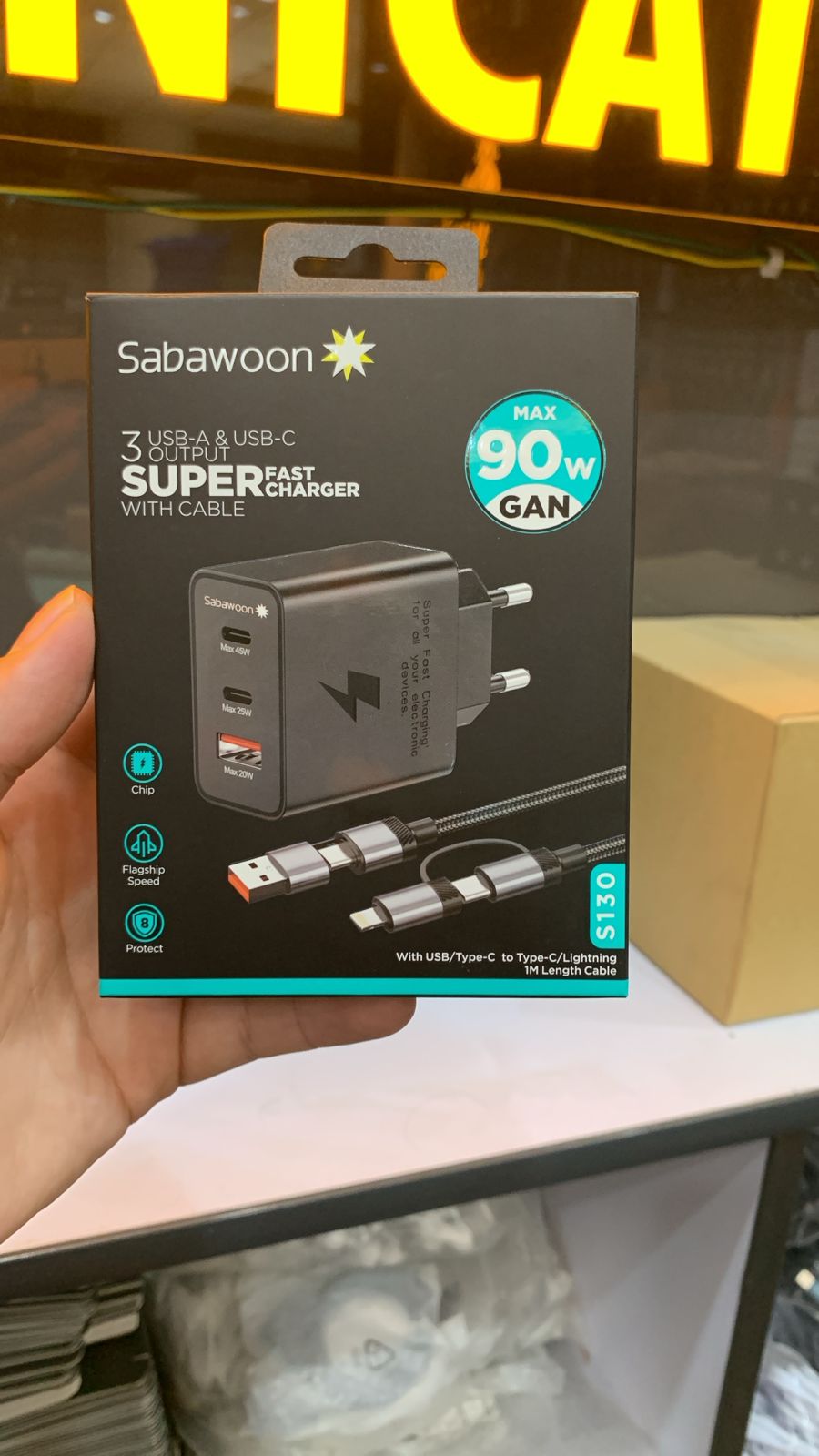 Sabawoon S130 90W GaN Super Fast Charger �3 Port USB & Type-C Fast Charging Adapter with Cable