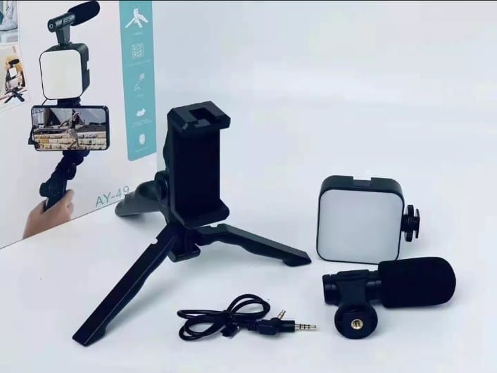 AY-49 Vlogging Kit | Portable Video Recording Setup with LED Light, Shotgun Mic & Flexible Tripod without Remote