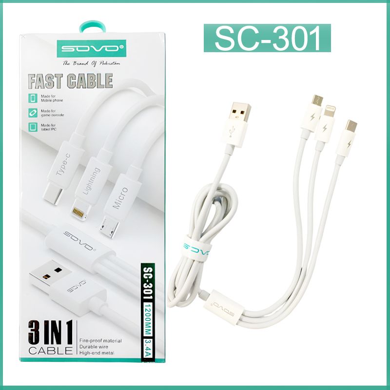 SOVO High Quality 3-in-1 Fast Charging  Cable �Multi Charging Cable for Micro USB, Type-C & Lightning Devices