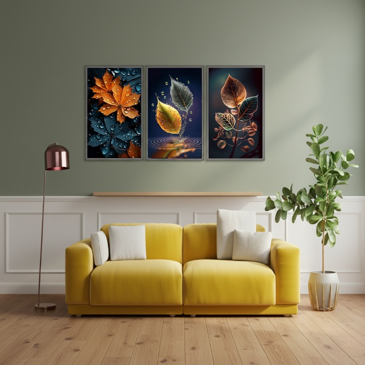 3-Piece Autumn Leaf Wall Art Frames �Decorative 8x11 Inch Modern Home Decor Set with Double Tape for Easy Wall Mounting