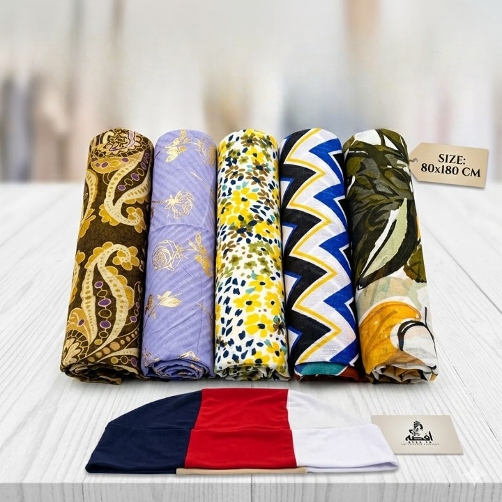 5-Piece Printed Lawn Hijab Bundle with 4-in-1 Multi-Color Inner Cap �Soft Premium Lawn Scarves for Women | Random Color Mix Print
