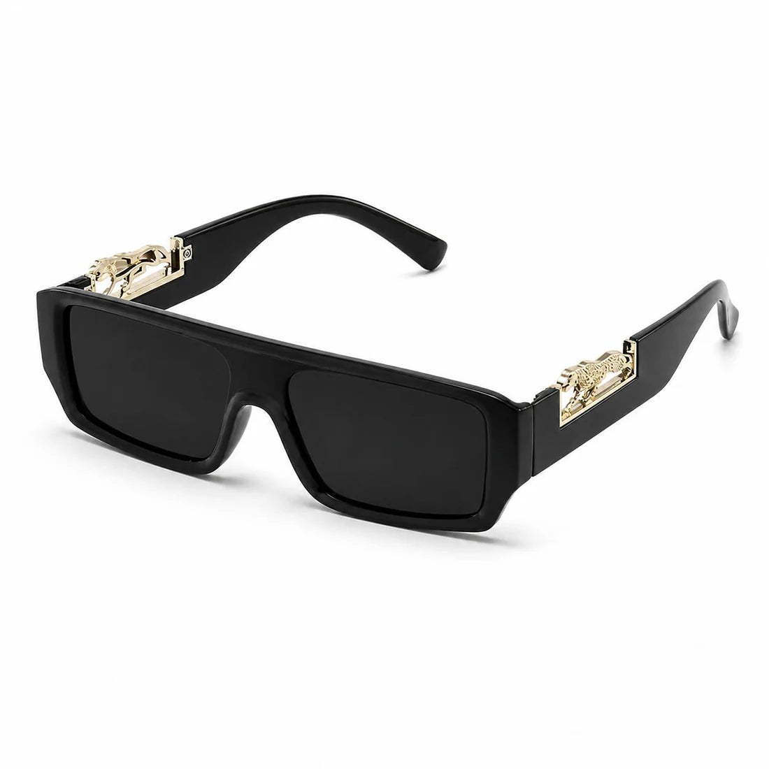 Leopard Logo Unisex Full-Rim Rectangular UV400 Sunglasses | Black Tint Lightweight Frame | Casual Street Style Eyewear