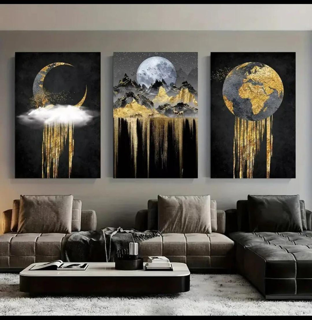 Set of 3 Wooden StickyTile Frames 8x11 �Black & Gold Wall Art with Moon, Mountains & Globe + Double Tape Included