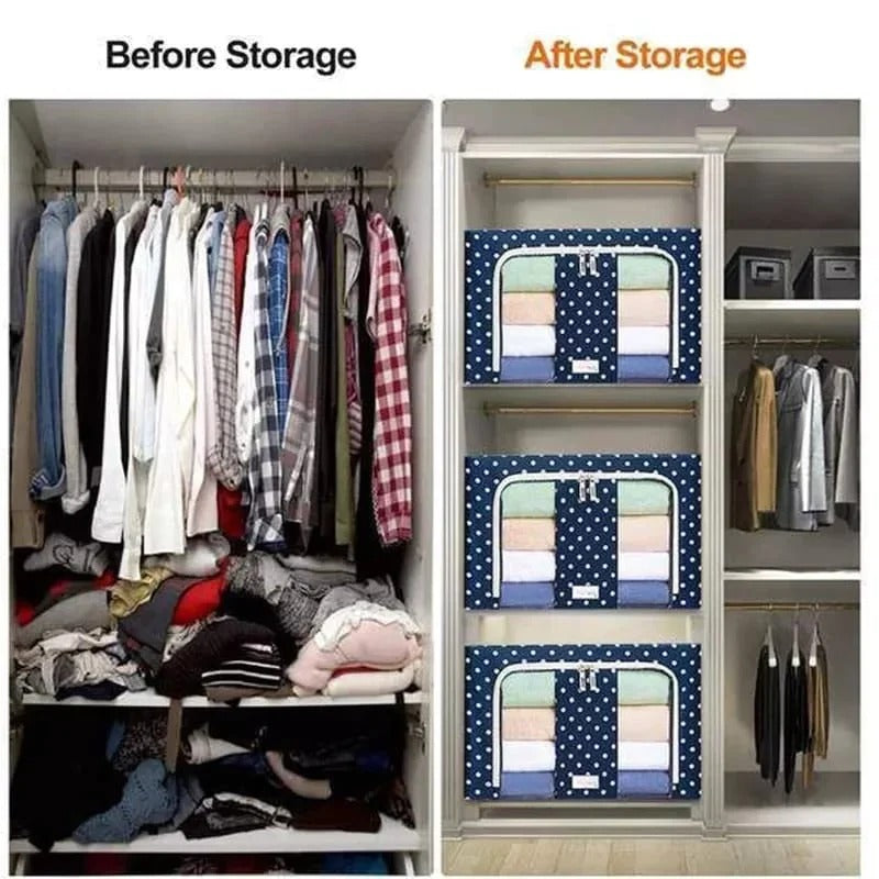 Foldable Metal Frame Clothes Storage Organizer Bag �Large Capacity Fabric Wardrobe Box with Zipper & Clear Window