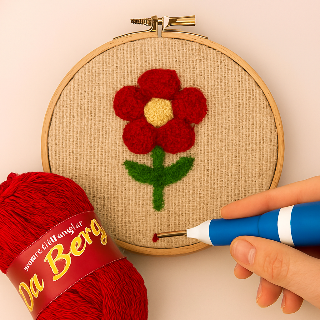 3D Embroidery Punch Needle Kit with 10 Inch Wooden Hoop, Jute Cloth (20x36 inch), Thread, Scissors & Tools �Complete Handcraft Embroidery Set (Maroon Yarn)