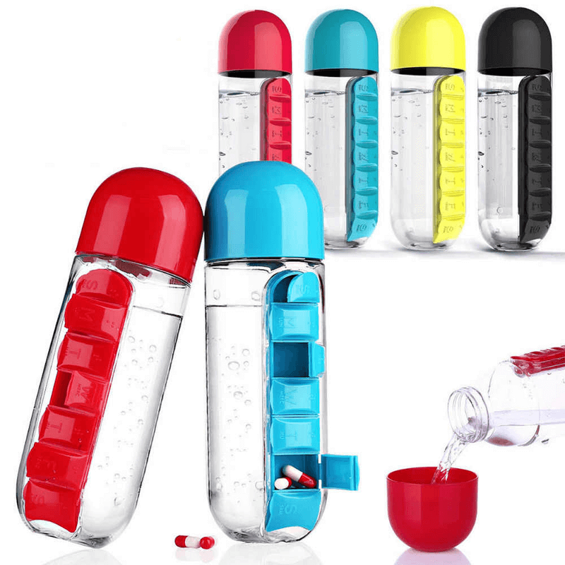 2 In 1 Water Bottle With Built In 7 Day Pill Organizer And Cup Cap Durable Portable Design For Daily Use | Random Color