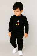 Black Mickey Mouse Printed Kids Tracksuit | Winter Fleece Sweatshirt & Trouser Set for Boys & Girls �Warm & Stylish Outfit small