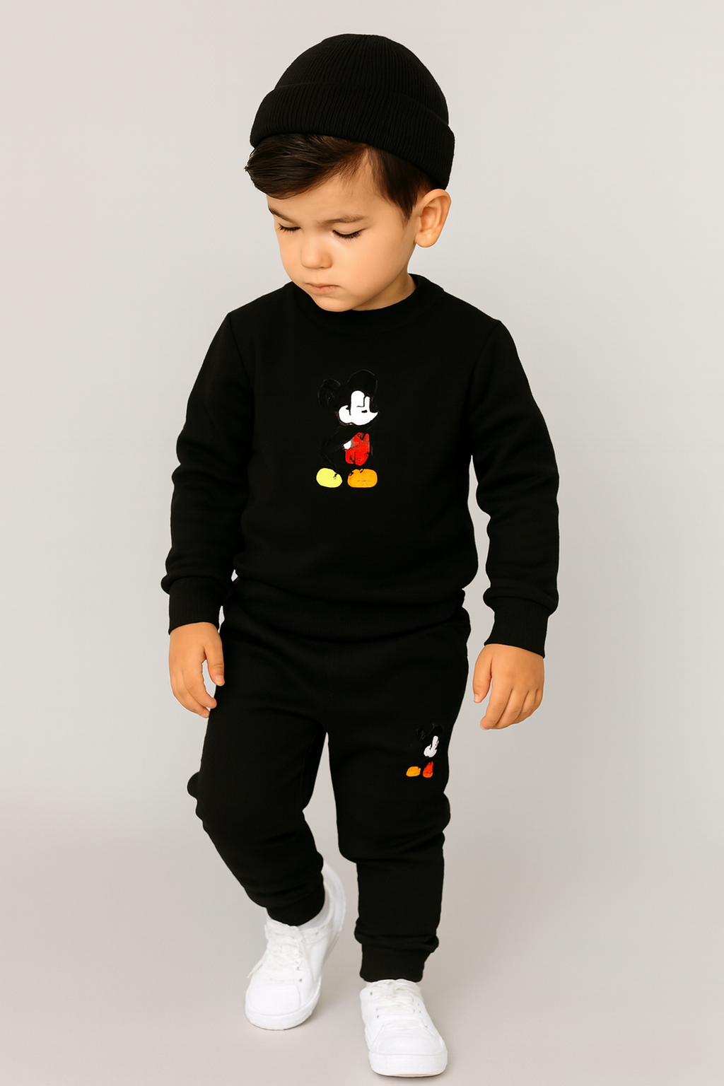 Black Mickey Mouse Printed Kids Tracksuit | Winter Fleece Sweatshirt & Trouser Set for Boys & Girls �Warm & Stylish Outfit small